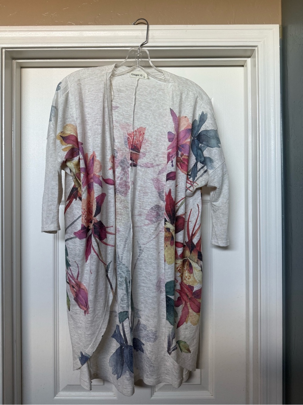 Ginger G Cream Open Floral Duster with Pink, Yellow & Blue Blooms